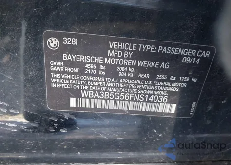 2015 BMW 328I xDrive из США, поврежденный, VIN WBA3B5G56FNS14036